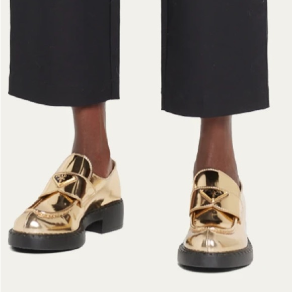 Prada Chocolate Metal gold loafers size 7 - Picture 1 of 10